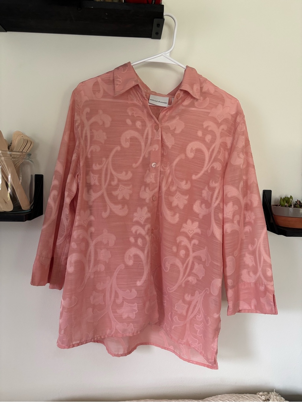 Alfred Dunner Size 16 Coral Floral Sheer Button Front Blouse